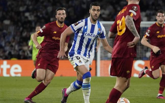 Mikel Merino, durante el Real-Roma de Europa League, en marzo de 2023 en Anoeta. / RUBEN PLAZA