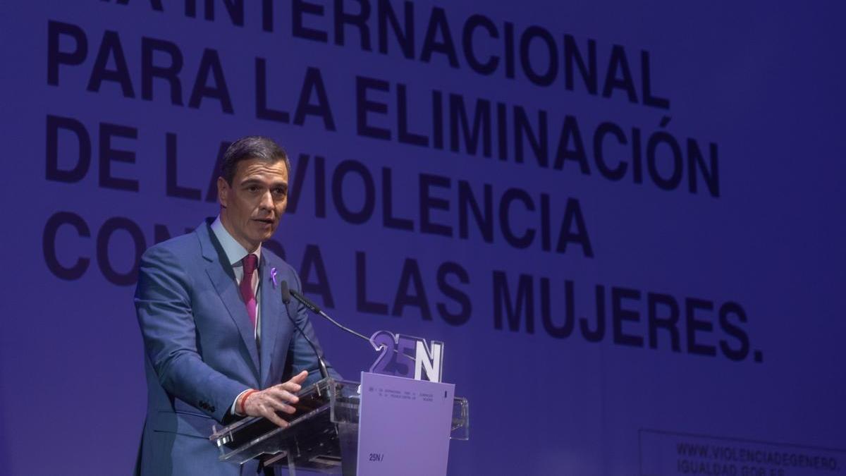 El presidente del Gobierno español, Pedro Sánchez, durante un acto con motivo del Día Internacional para la Eliminación de la Violencia contra las Mujeres.