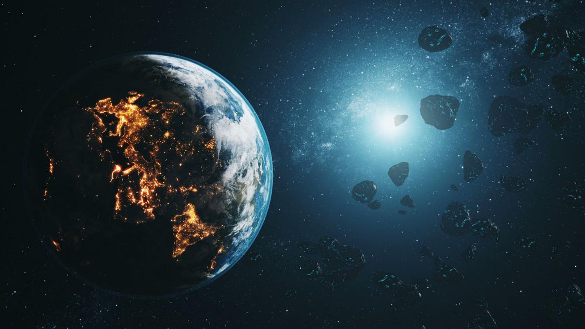 Recreación de un grupo de asteroides pasando junto a la Tierra.