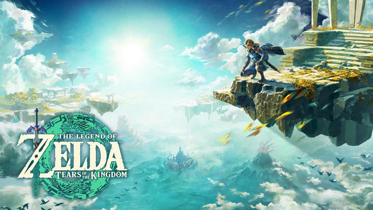 Ilustración del protagonista de 'The Legend of Zelda: Tears of the Kingdom', Link, sobre una isla flotante.