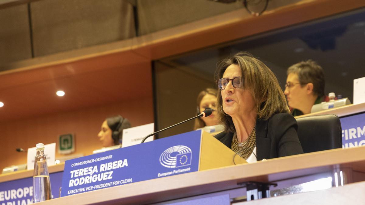 Teresa Ribera durante su intervención para confirmar su candidatura a la vicepresidencia de la Comisión Europea.