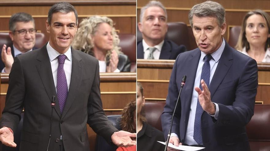 El presidente del Gobierno español, Pedro Sánchez, y el líder del PP, Alberto Núñez Feijóo durante la sesión de control en el Congreso.