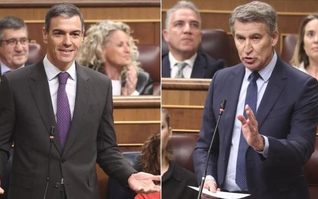 El presidente del Gobierno español, Pedro Sánchez, y el líder del PP, Alberto Núñez Feijóo durante la sesión de control en el Congreso.