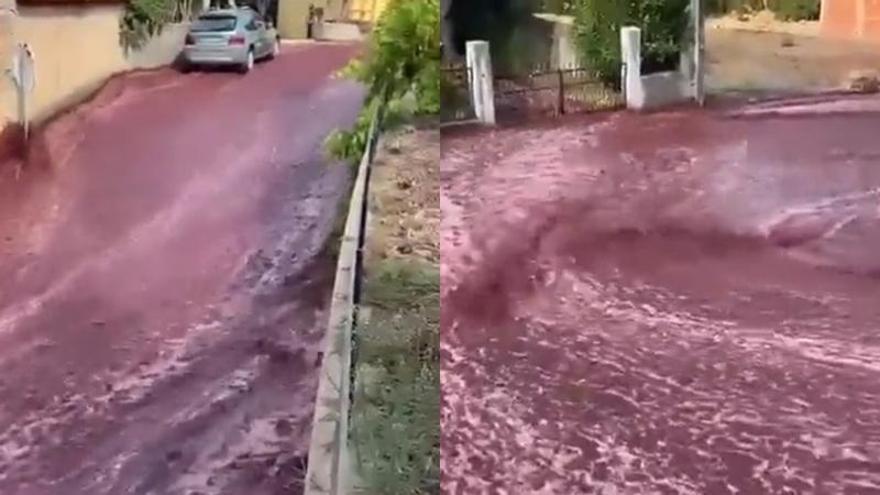 Un río de vino tinto inunda un pueblo de Portugal.