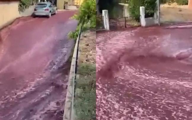 Un río de vino tinto inunda un pueblo de Portugal.
