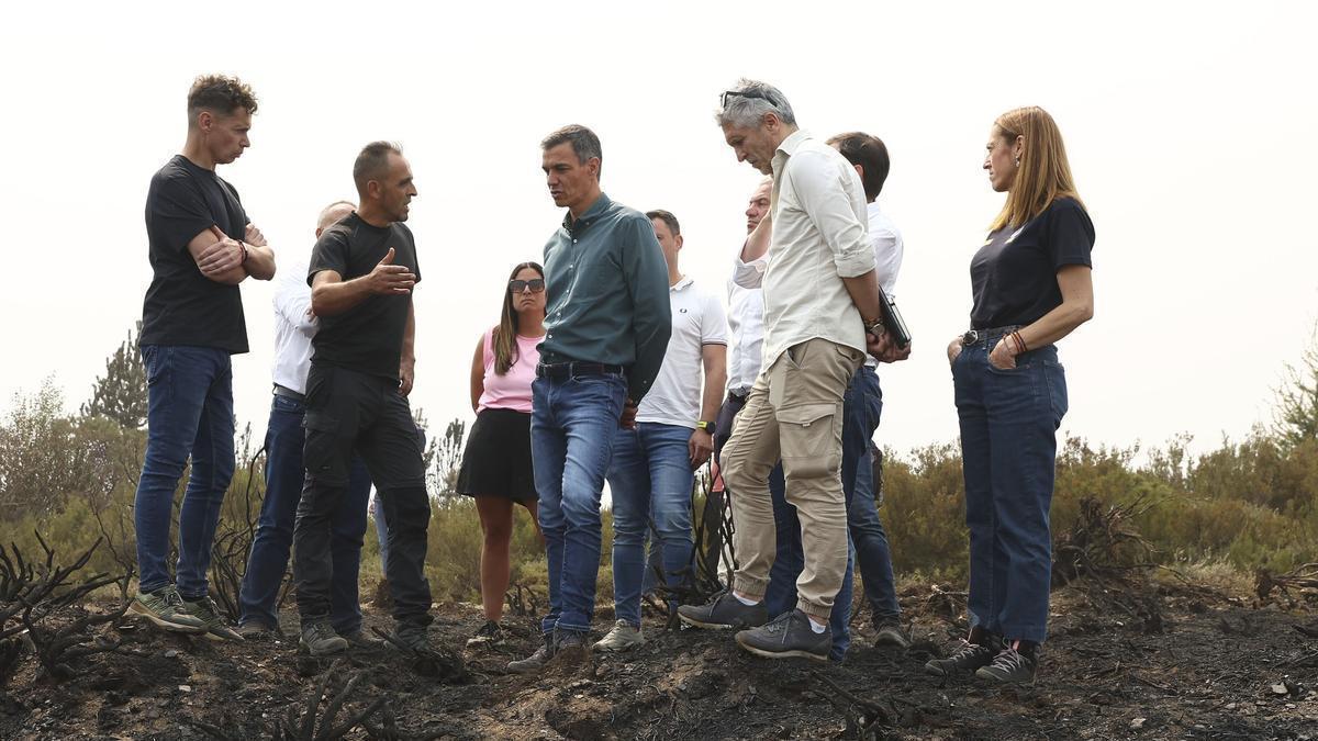 El presidente del gobierno español, Pedro Sánchez, y el ministro del Interior, Fernando Grande-Marlaska, visitan la zona afectada por los incendio
