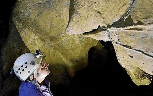 Un hombre contempla los grabados hallados en 2015 en las cuevas de Aitzbitarte de Errenteria.