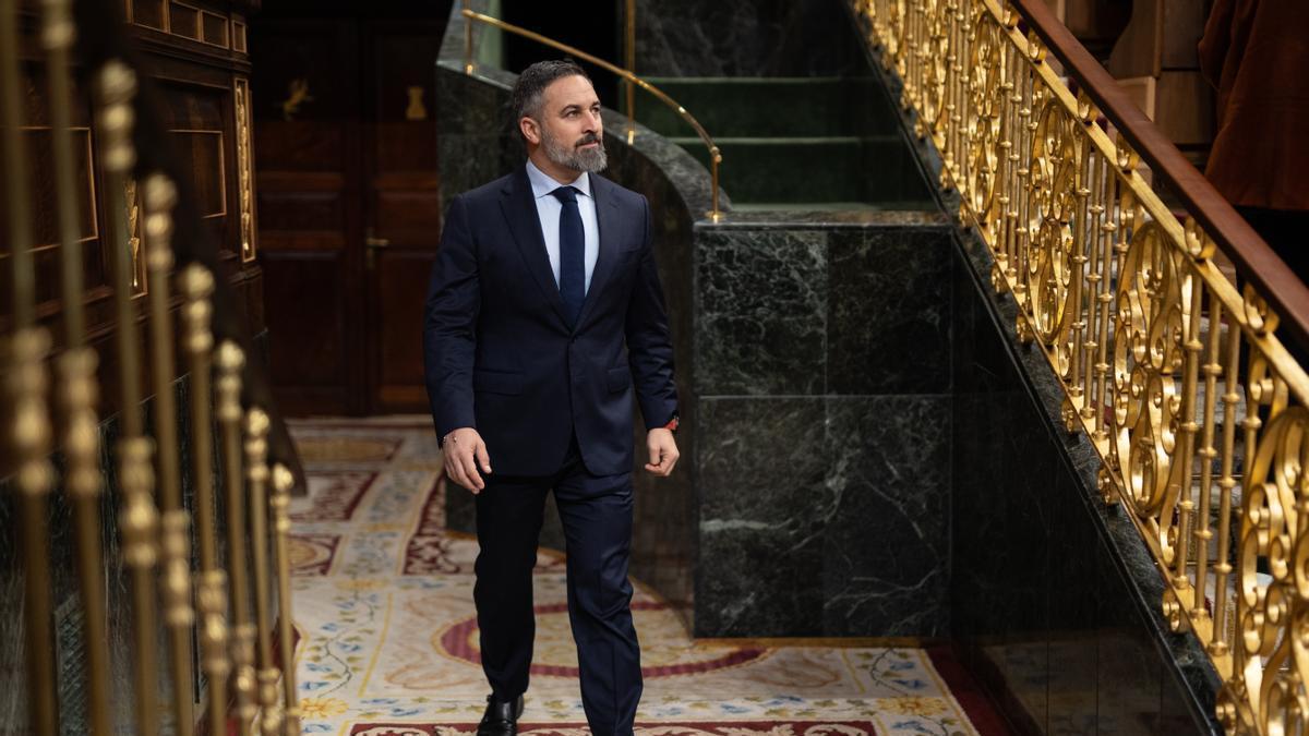 Santiago Abascal, presidente de Vox, entrando en el hemiciclo del Congreso.