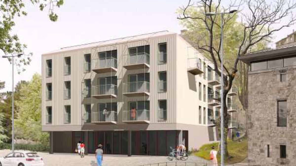 Infografía del edificio de nuevos apartamentos dotacionales para San Miguel, en Basauri