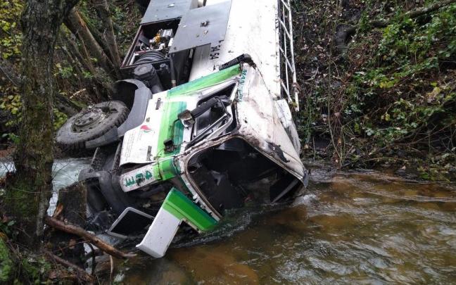 El camión accidentado en el río Tremor de Arriba de León. El camión accidentado en el río Tremor de Arriba de León.