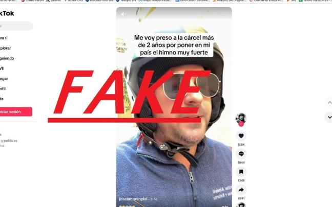 Vídeo falso sobre una supuesta condena por poner el himno de España en su casa.