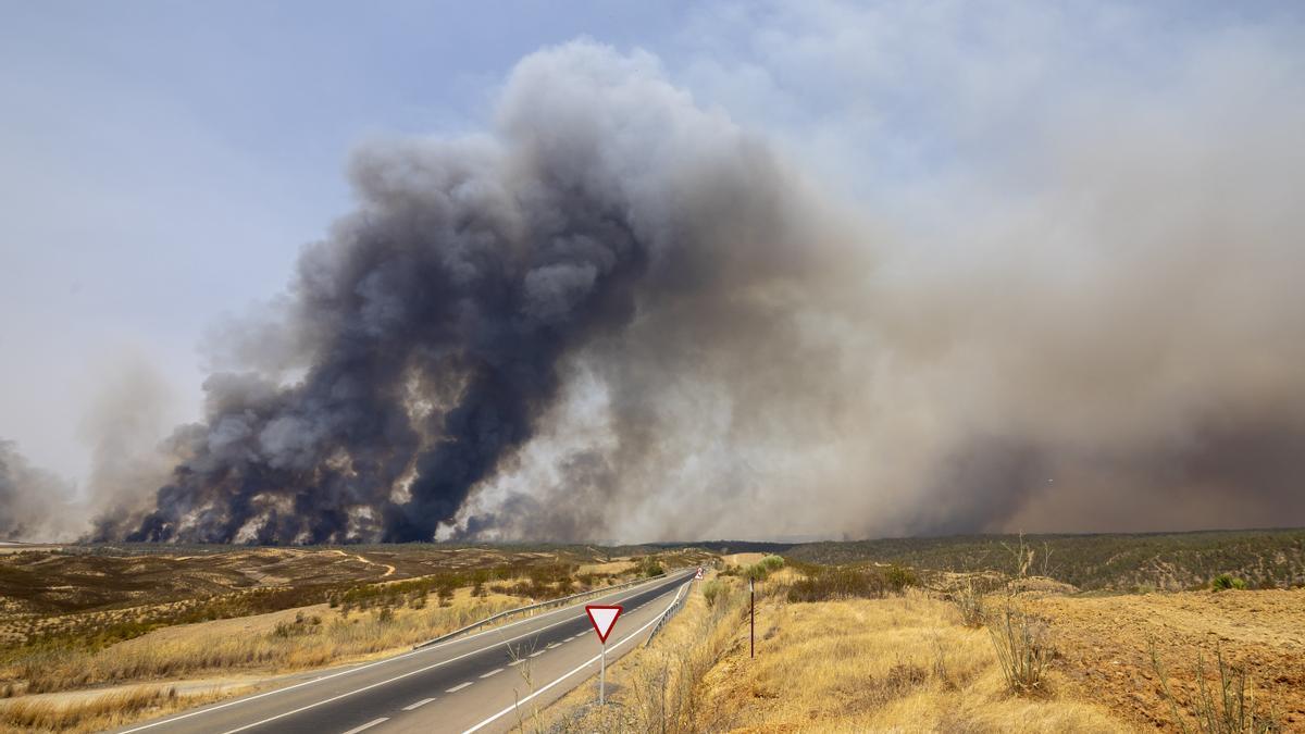 Una enorme columna de humo causada por el incendio en Niebla (Huelva).