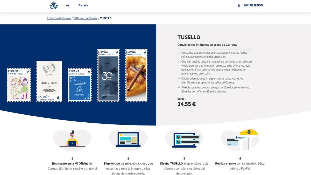 Captura del servicio de la web de Correos que permite la personalización de sellos