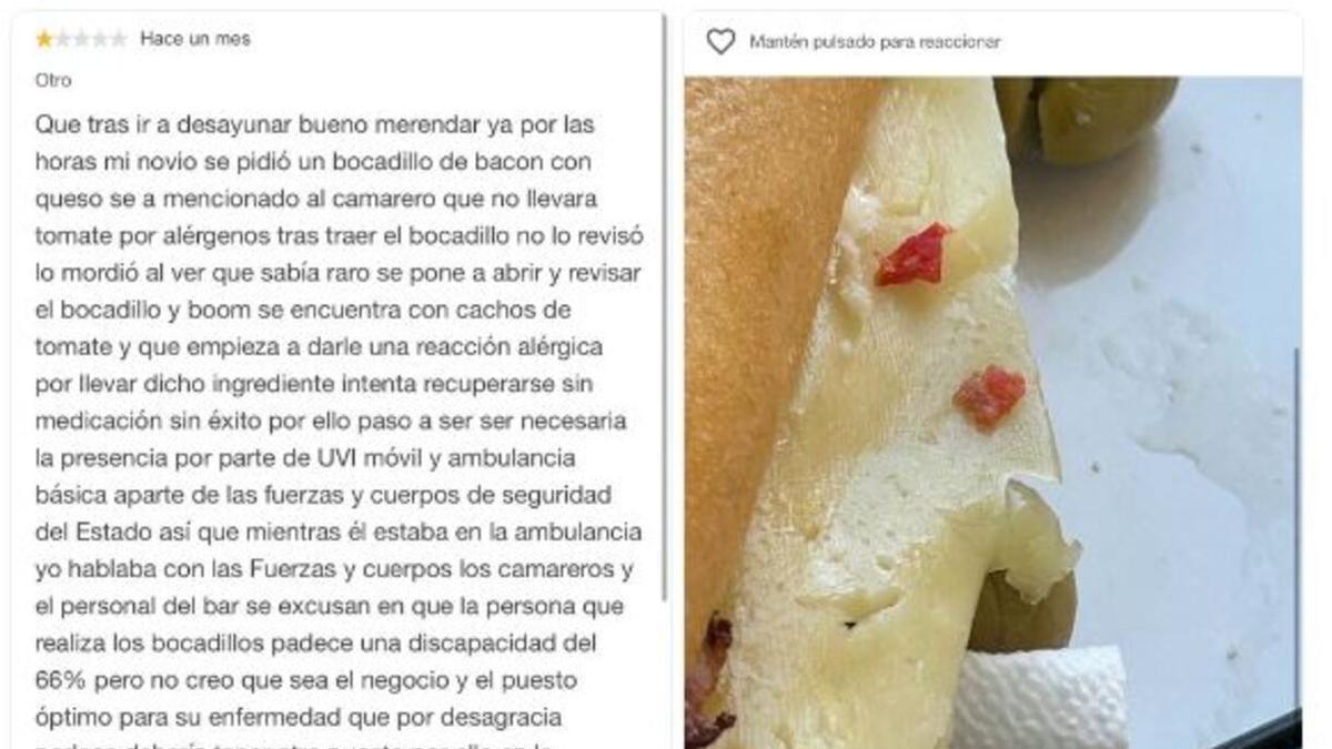 La queja de una clienta a un local tras servirle a su novio un bocadillo con tomate, aún sabiendo que era alérgico