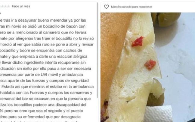 La queja de una clienta a un local tras servirle a su novio un bocadillo con tomate, aún sabiendo que era alérgico
