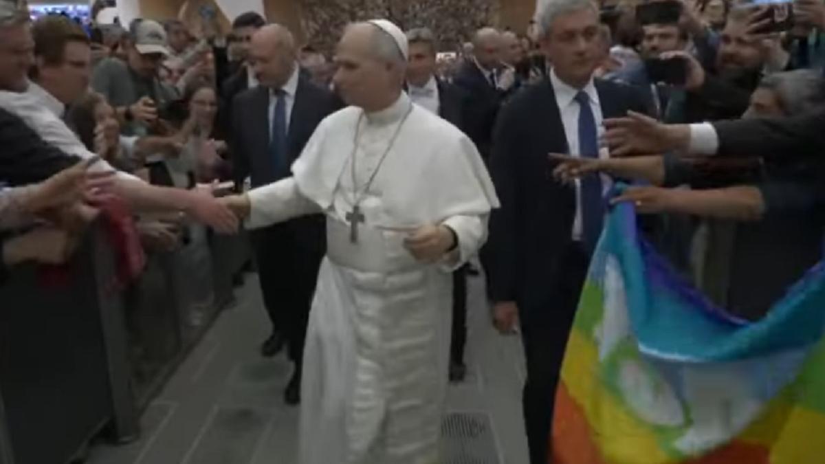 El papa León XIV, con la bandera a su espalda.