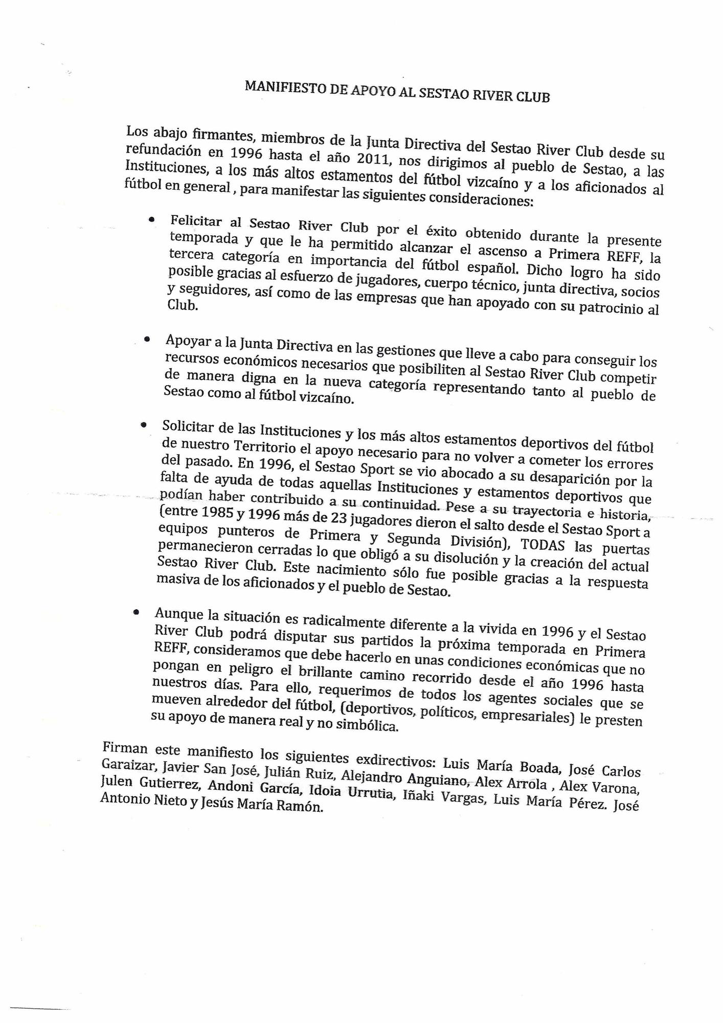 Manifiesto de apoyo al Sestao River