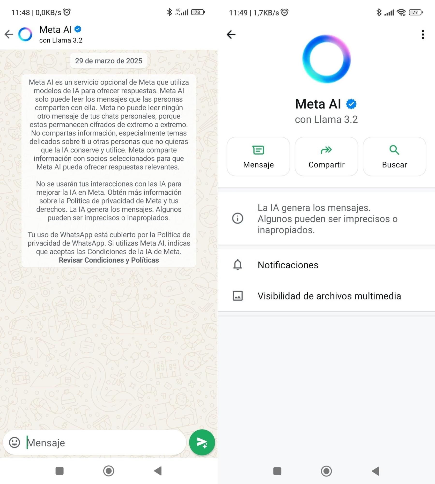 Los avisos que da Meta AI sobre sus conversaciones.