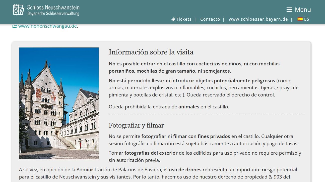 Las claras prohibiciones en la web oficial del castillo.
