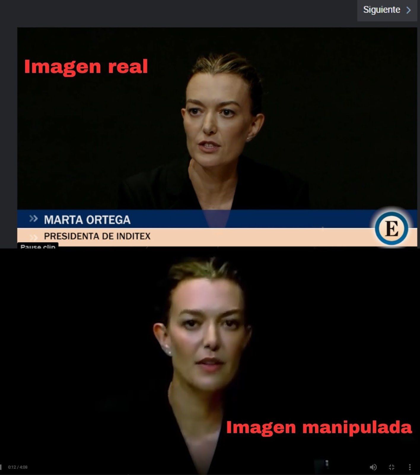 Una comparativa entre la imagen original arriba y la imagen manipulada abajo.