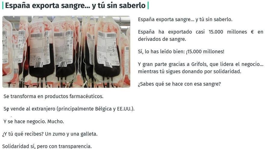 Una captura de la información maliciosa sobre la comercialización de la sangre en general y falsa con respecto a la que se dona en España.