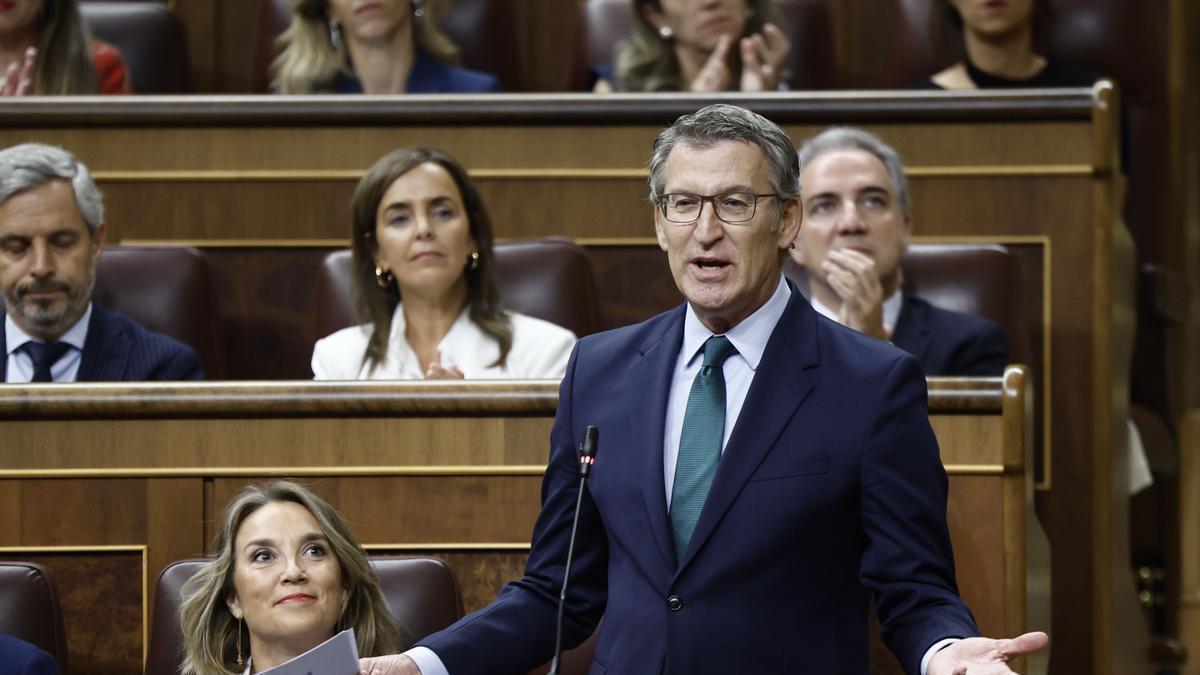 El líder del PP, Alberto Núñez Feijóo, durante su intervención en su primer cara a cara con pedro Sánchez tras el arranque del curso político.