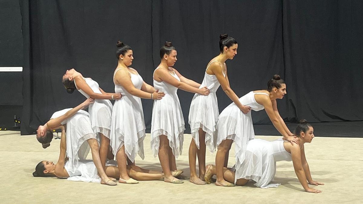 Gimnastas del Aloña en una actuación sobre el tapiz.
