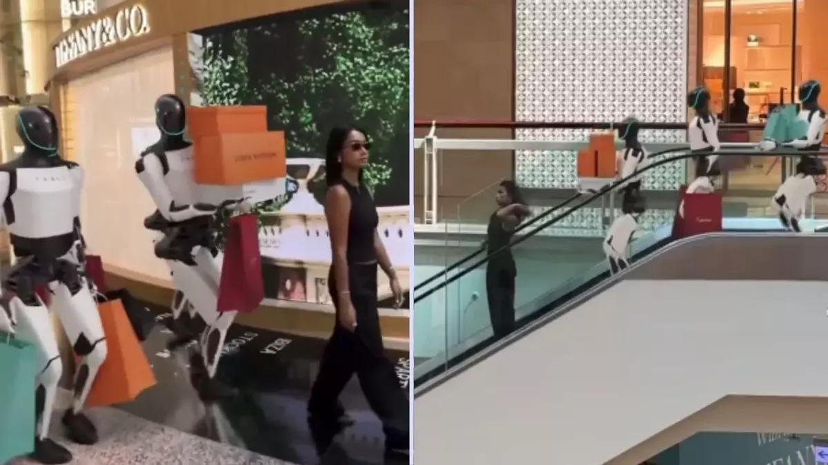 Mujer va de compras acompañada de robots