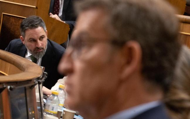 Santiago Abascal. al fondo, en una sesión del Congreso de los Diputados con Alberto Núñez Feijóo en primer plano.