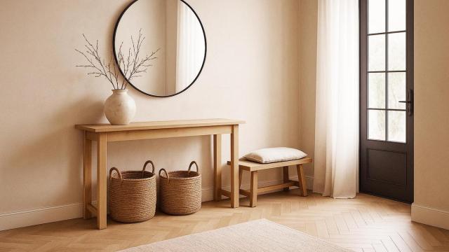 Recibidor con muebles de madera, espejo y cestos de almacenaje.