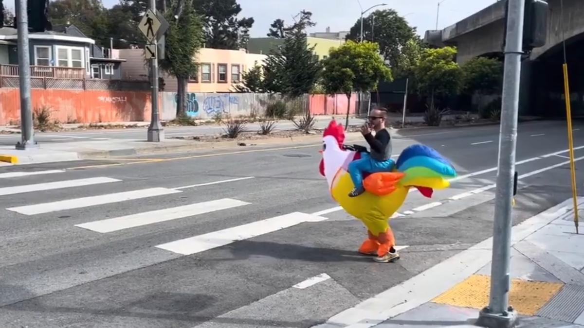 Un policía, a lomos de una gallina en San Francisco.