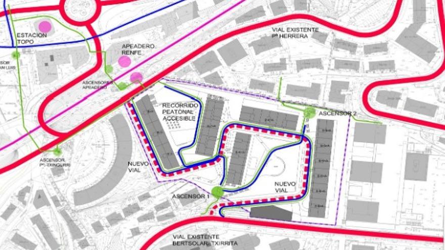 Plano con los nuevos edificios, los itinerarios peatonales y ascensores.