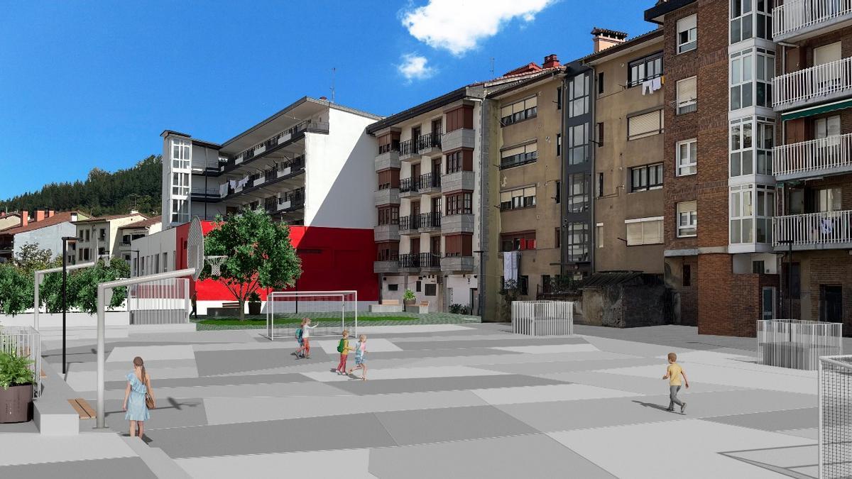 Fotomontaje del nuevo aspecto y elementos que se incorporarán en la plaza-cancha de Andramari.