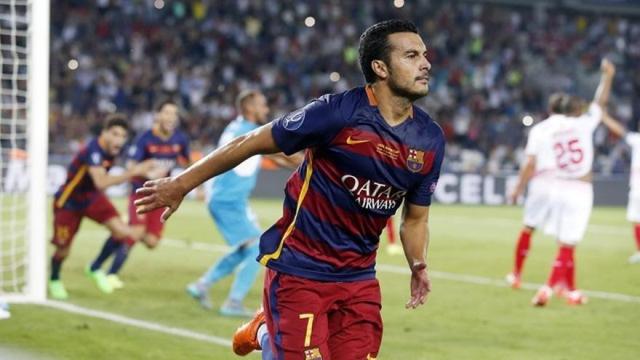 Pedro Rodríguez, con la camiseta del FC Barcelona en la Supercopa de Europa.