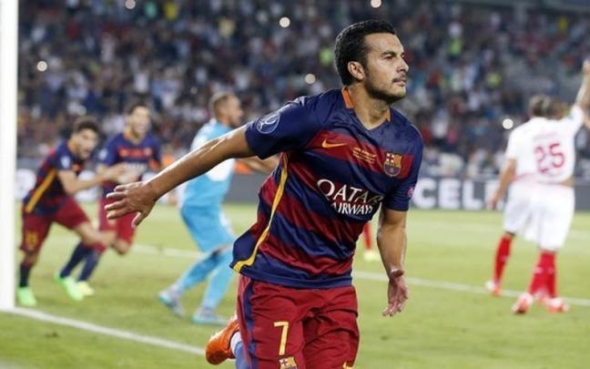 Pedro Rodríguez, con la camiseta del FC Barcelona en la Supercopa de Europa.