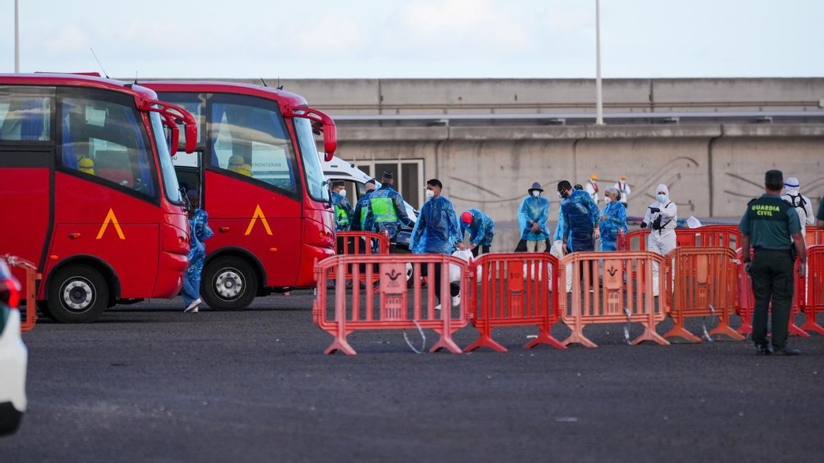 Pasajeros evacuados del crucero MV Hondius fondeado cerca del puerto de Granadilla suben a los autocares de la UME.