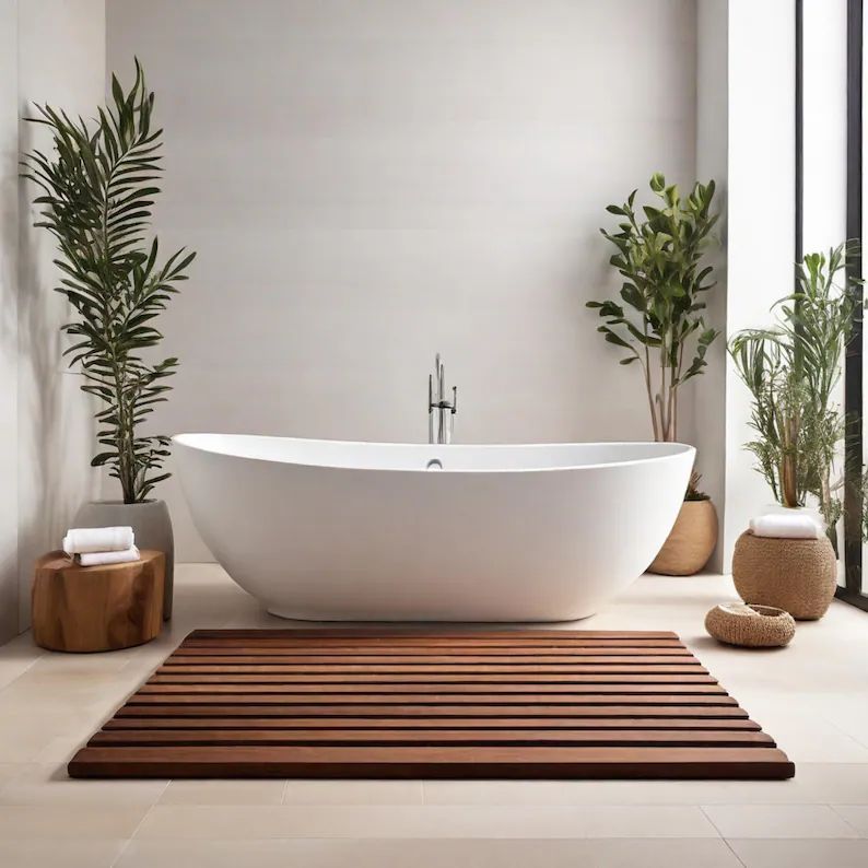 Resistente y práctica alfombra de baño de madera de acacia.