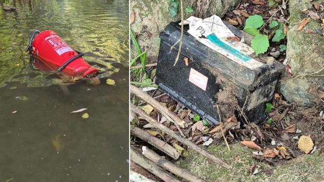 Imágenes del extintos y la batería localizados en el cauce del Urola.