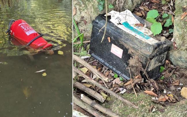Imágenes del extintos y la batería localizados en el cauce del Urola.