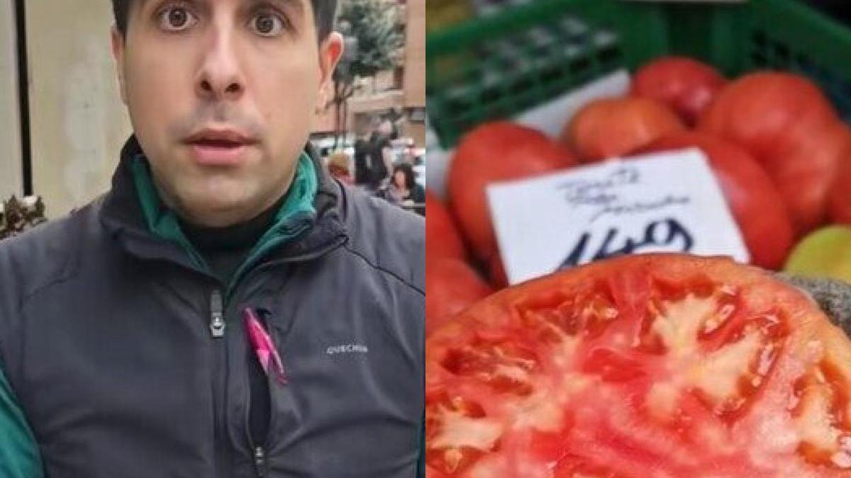 Yeray, un frutero de Bilbao que muestra un buen tomate que podemos comer este invierno.