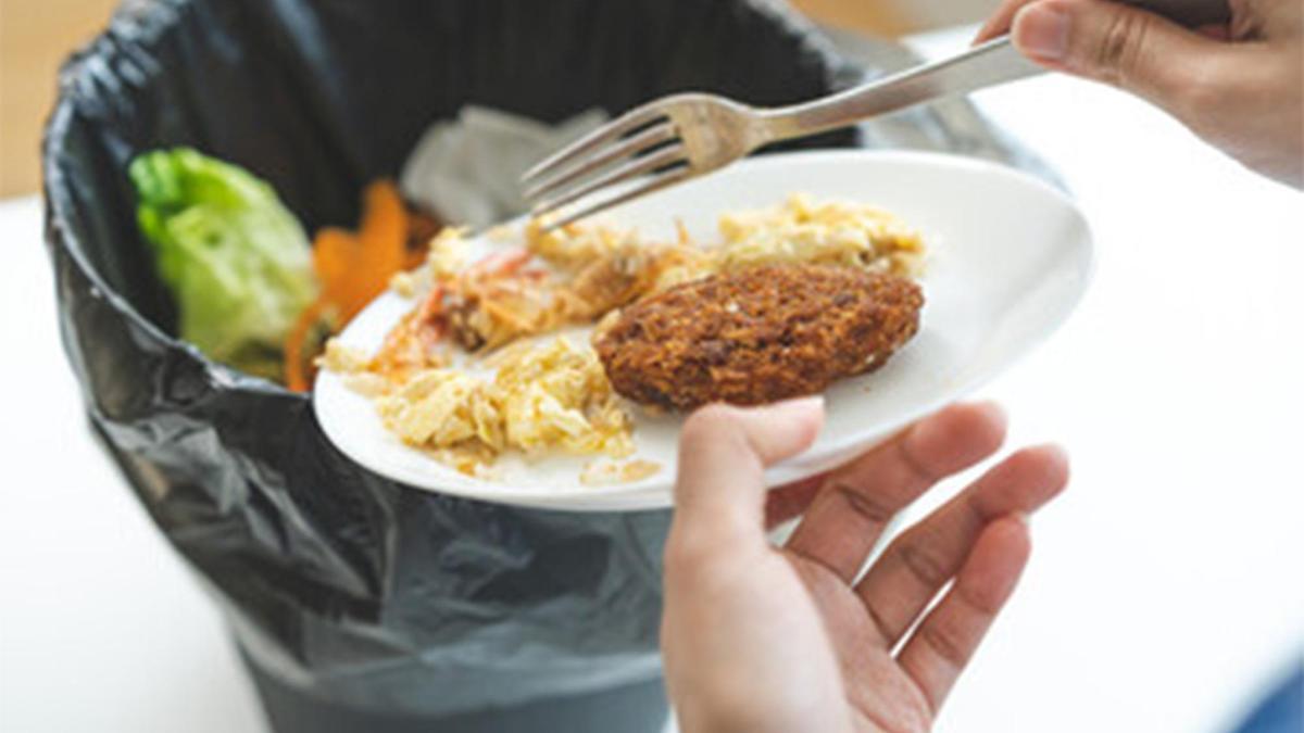 Una persona tira una ración de comida al cubo de la basura.