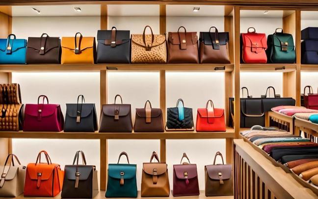 Distintos modelos de bolsos expuestos en la estantería de una tienda.