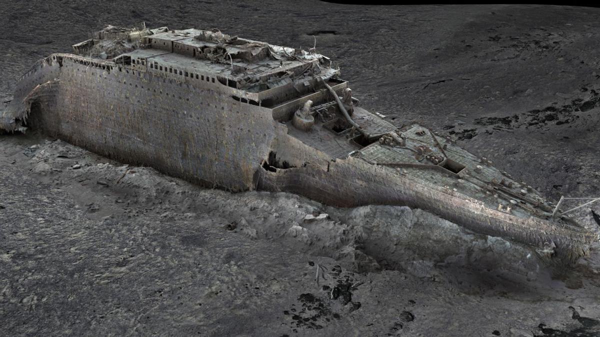 Recreación digital de los restos del Titanic en el fondo del Atlántico.