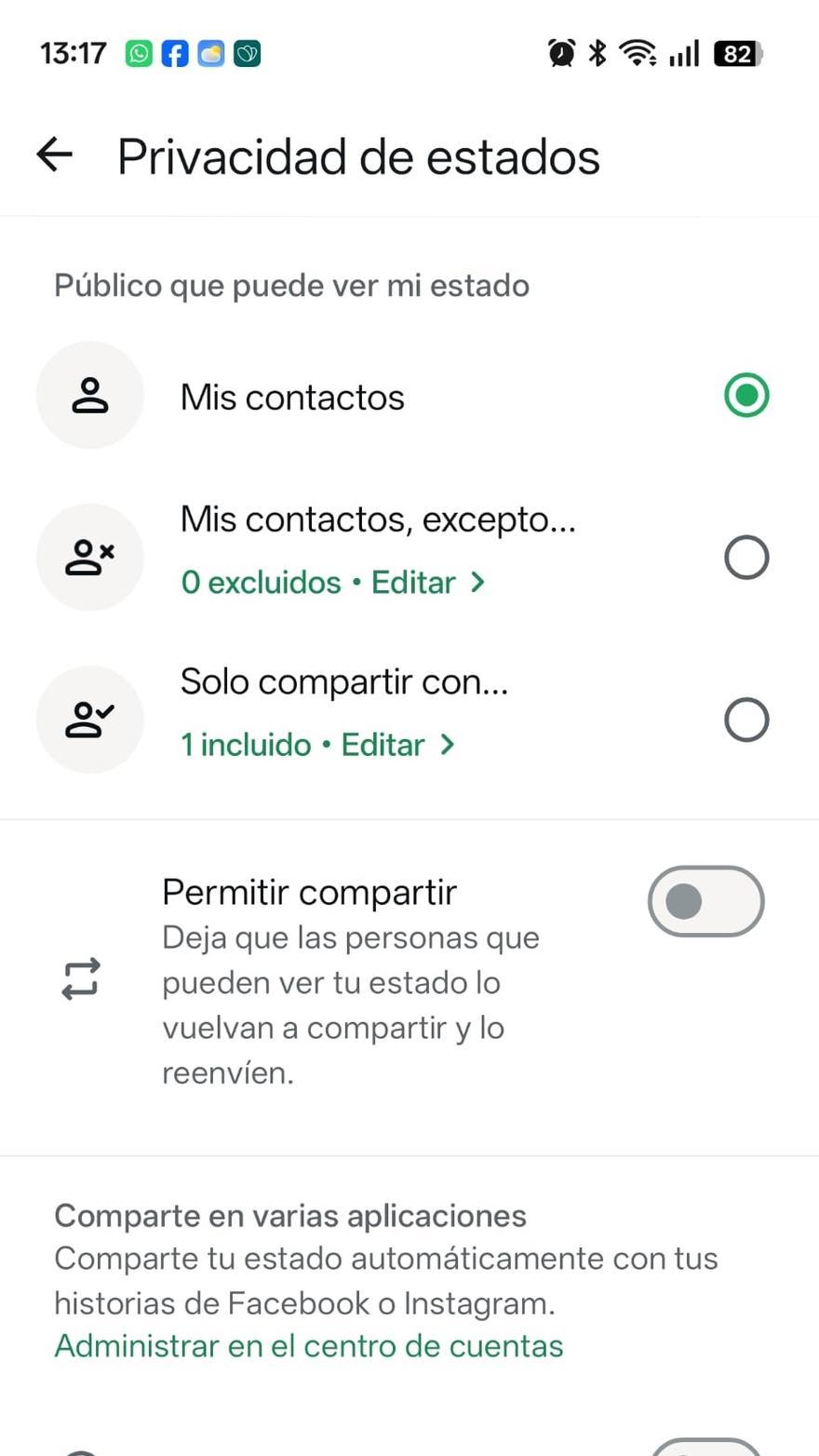 La configuración de la privacidad de los estados permite tres posibilidades.