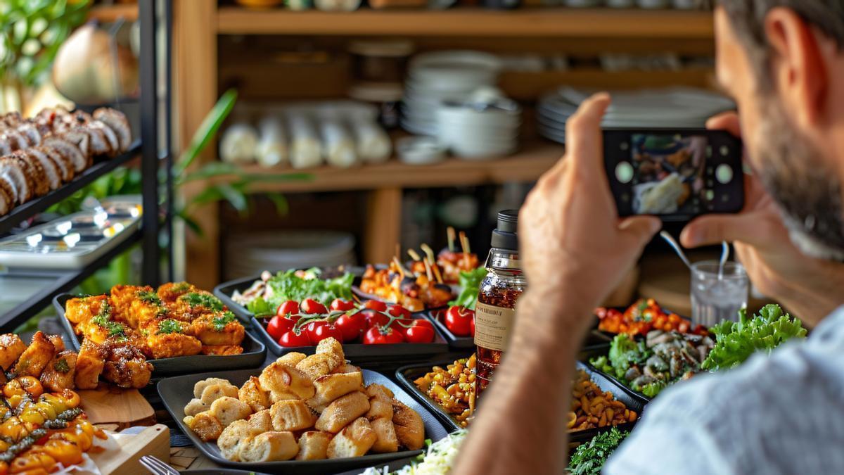 Un hombre fotografía un buffet.