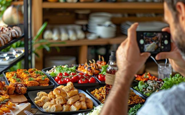 Un hombre fotografía un buffet.