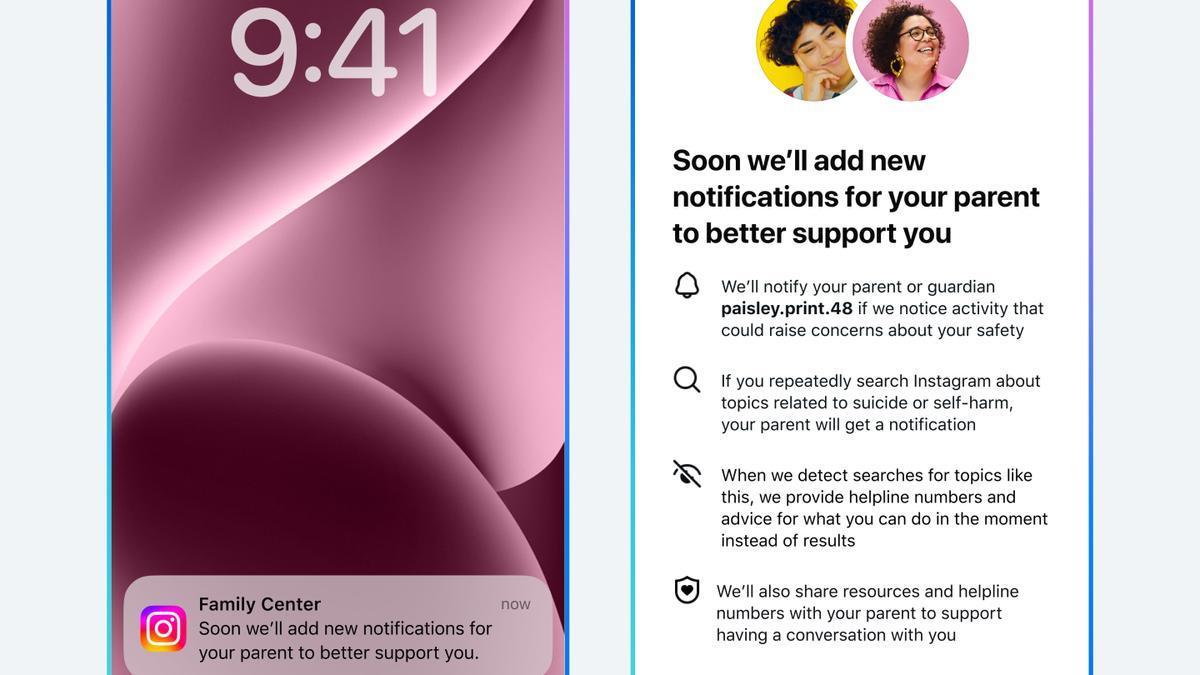 Notificaciones sobre búsquedas de menores relacionadas con el suicidio o la autolesión en Instagram.
