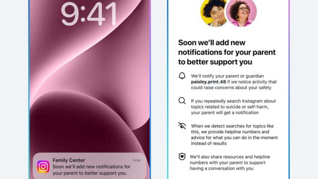Notificaciones sobre búsquedas de menores relacionadas con el suicidio o la autolesión en Instagram.