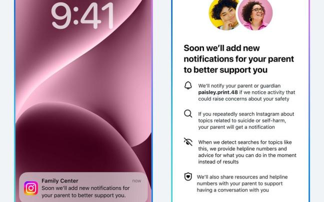Notificaciones sobre búsquedas de menores relacionadas con el suicidio o la autolesión en Instagram.
