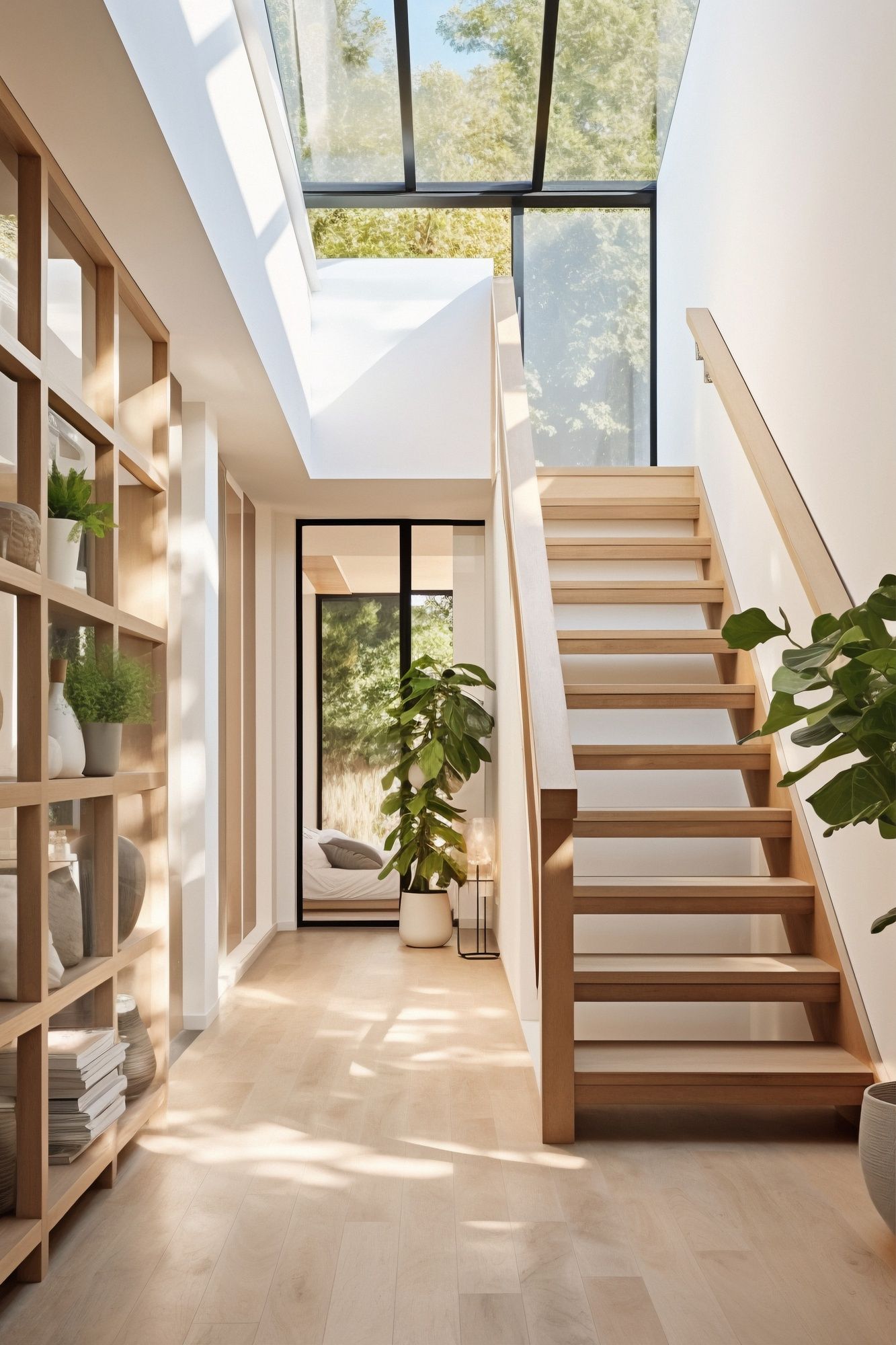 Una estantería permite aprovechar el espacio en una zona de paso.